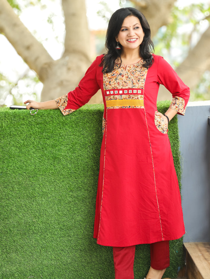 Kusum Bride Red Running Thread with Mirror Work Kalamakari Yoke Panel Cotton Kurti