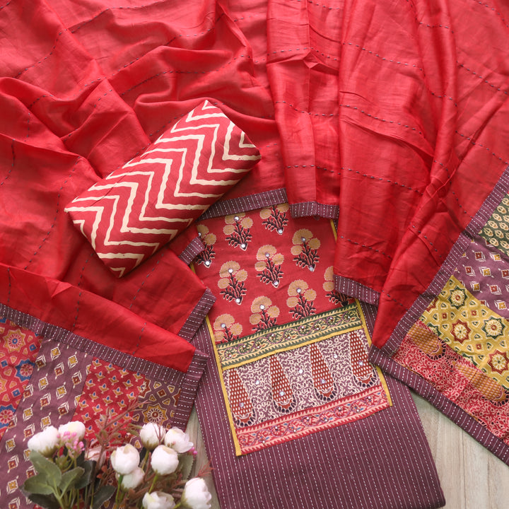 Maahi Onion Purple Patch Neck Work with Kantha Cotton Suit Set