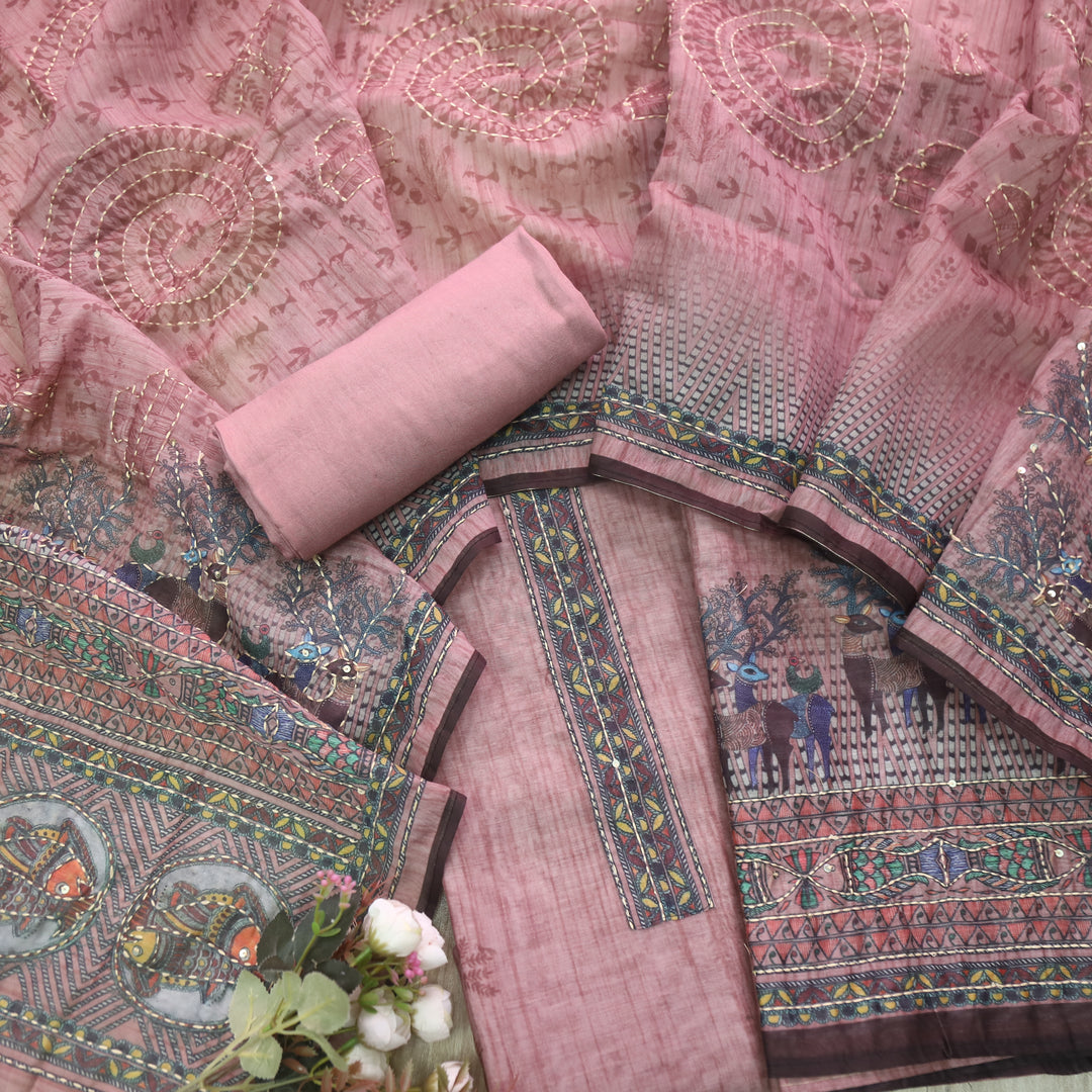 Ibadat Mauve Pink Digital Printed Kantha Work Chanderi Suit Set