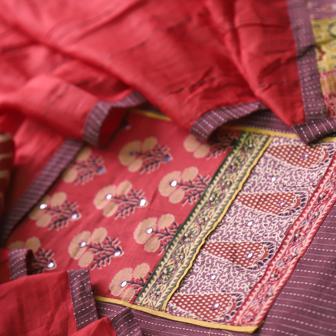 Maahi Onion Purple Patch Neck Work with Kantha Cotton Suit Set