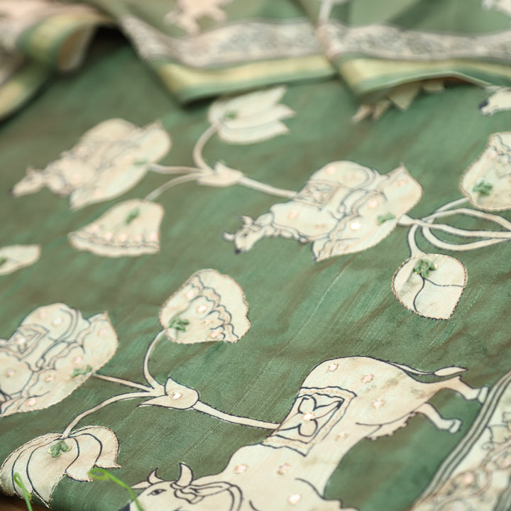 Saatvi Sage Green Pichwai Print with Zari Patra Work Tussar Chanderi Silk Set
