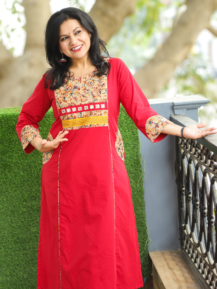 Kusum Bride Red Running Thread with Mirror Work Kalamakari Yoke Panel Cotton Kurti