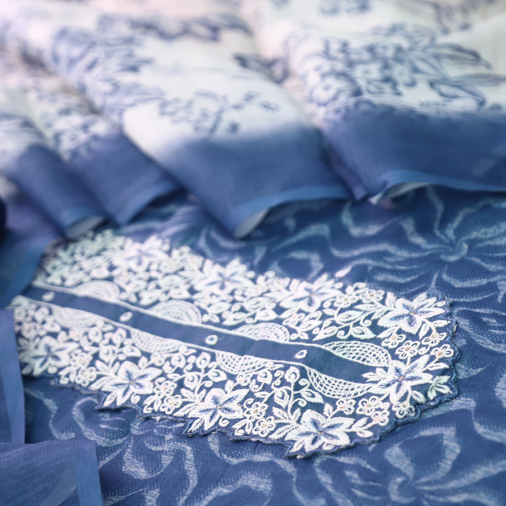 Bloom Navy Blue Thread Embroidered Self Printed Cotton Linen Set D3