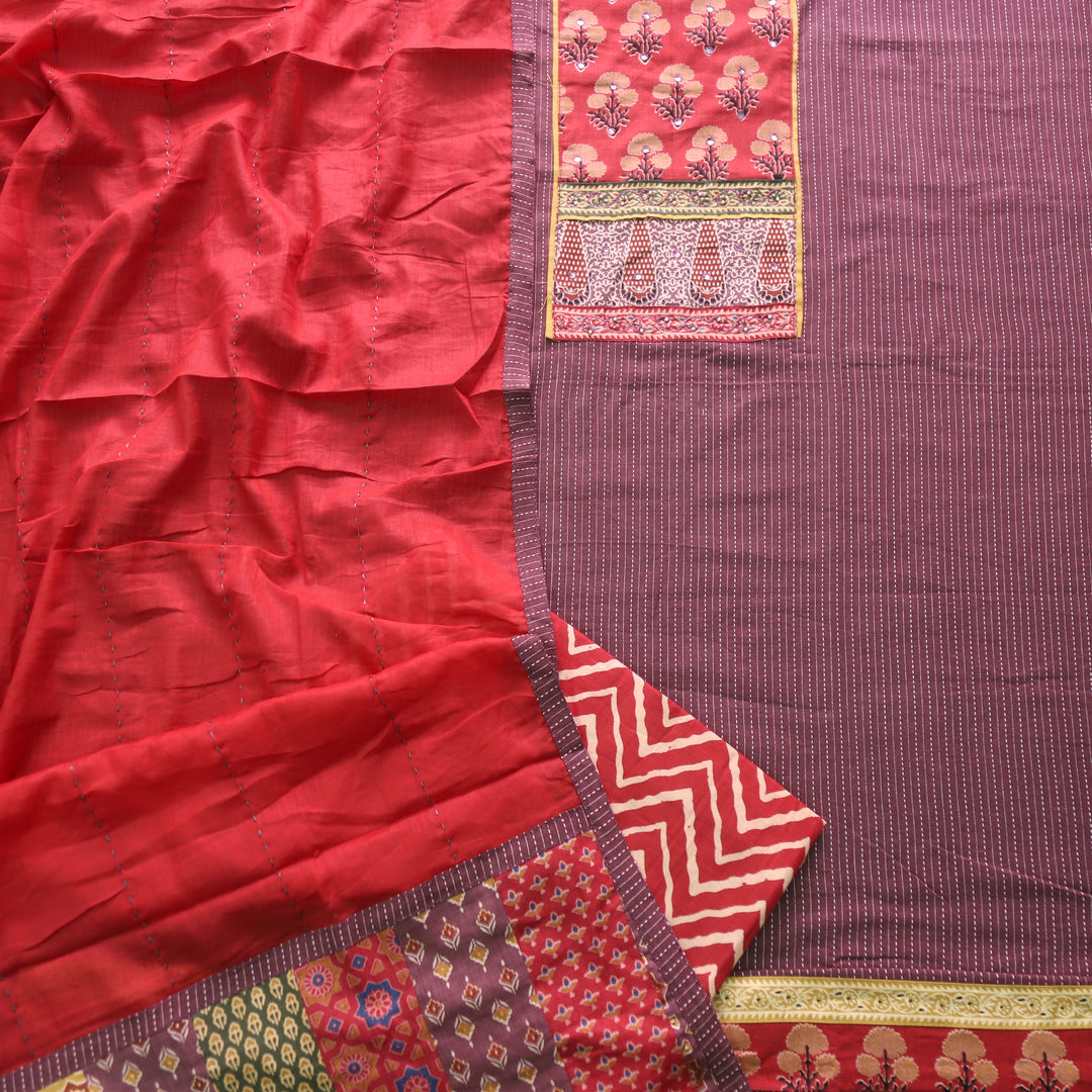 Maahi Onion Purple Patch Neck Work with Kantha Cotton Suit Set