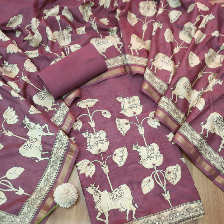 Saatvi Onion Purple Pichwai Print with Zari Patra Work Tussar Chanderi Silk Set
