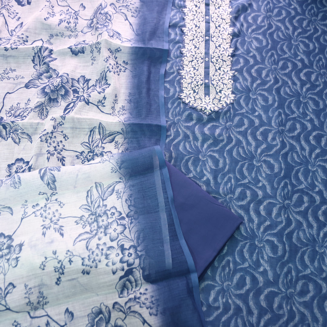 Bloom Navy Blue Thread Embroidered Self Printed Cotton Linen Set D3