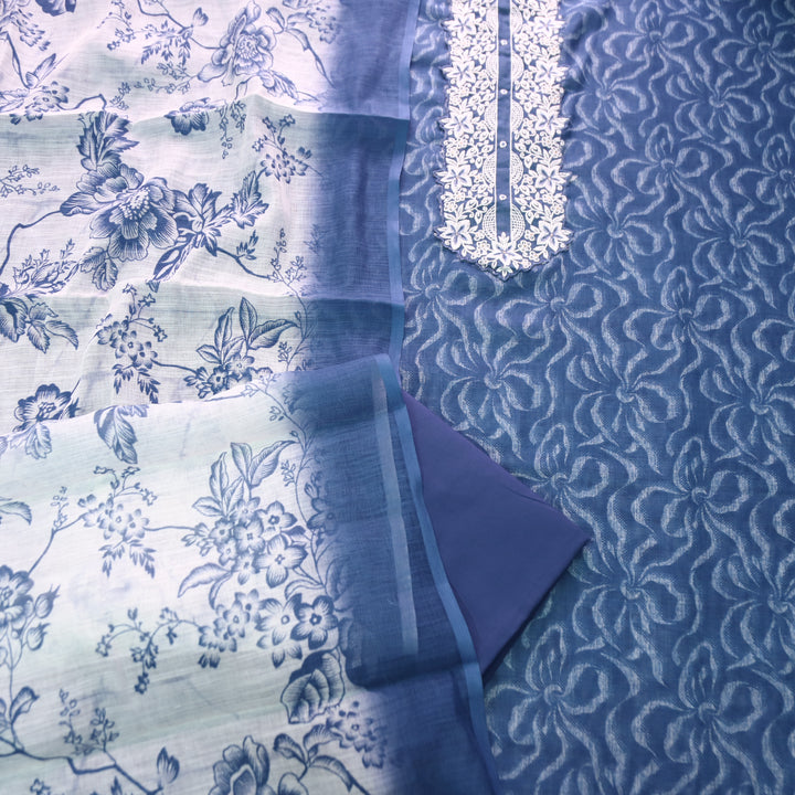 Bloom Navy Blue Thread Embroidered Self Printed Cotton Linen Set D3