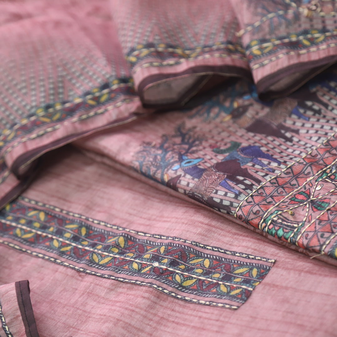 Ibadat Mauve Pink Digital Printed Kantha Work Chanderi Suit Set