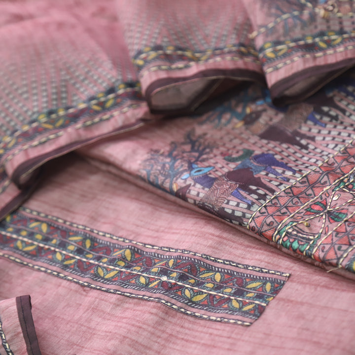 Ibadat Mauve Pink Digital Printed Kantha Work Chanderi Suit Set