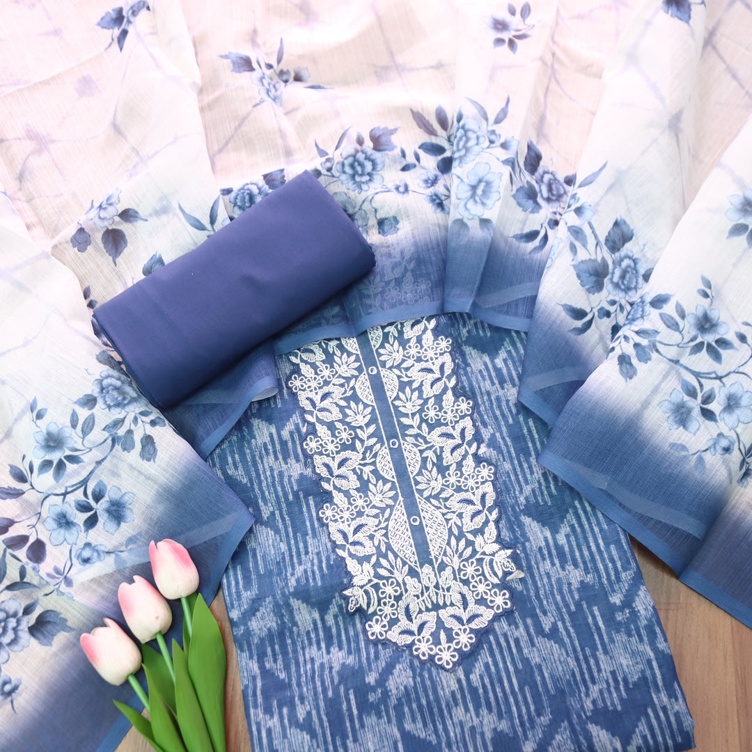 Bloom Navy Blue Thread Embroidered Self Printed Cotton Linen Set D2
