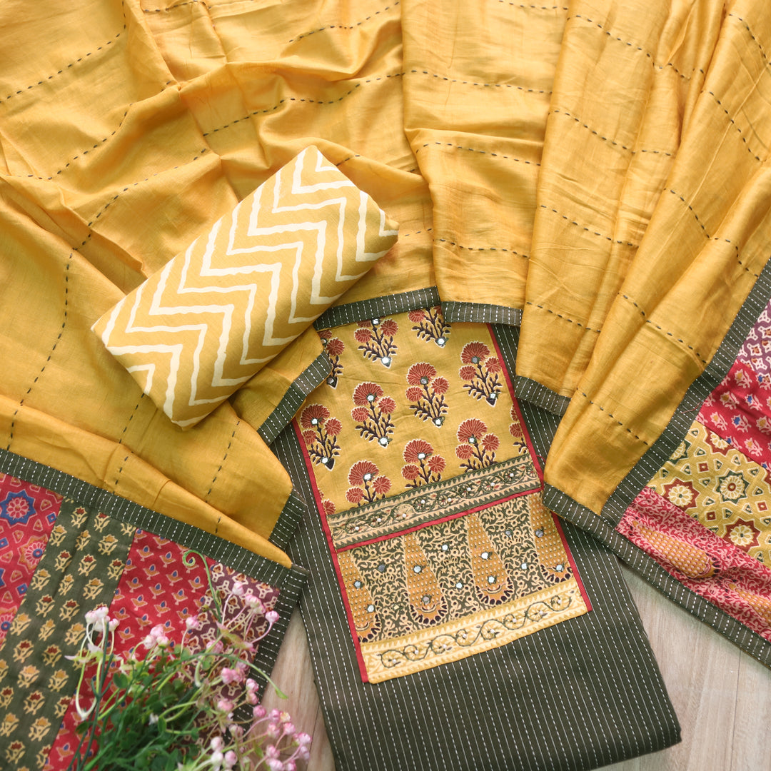 Maahi Forest Green Patch Neck Work with Kantha Cotton Suit Set