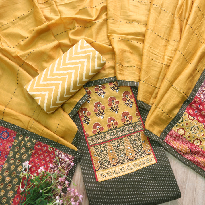 Maahi Forest Green Patch Neck Work with Kantha Cotton Suit Set