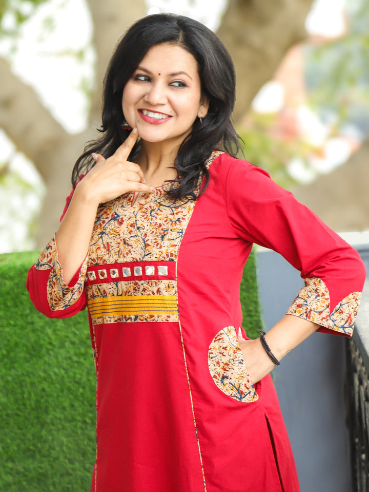 Kusum Bride Red Running Thread with Mirror Work Kalamakari Yoke Panel Cotton Kurti