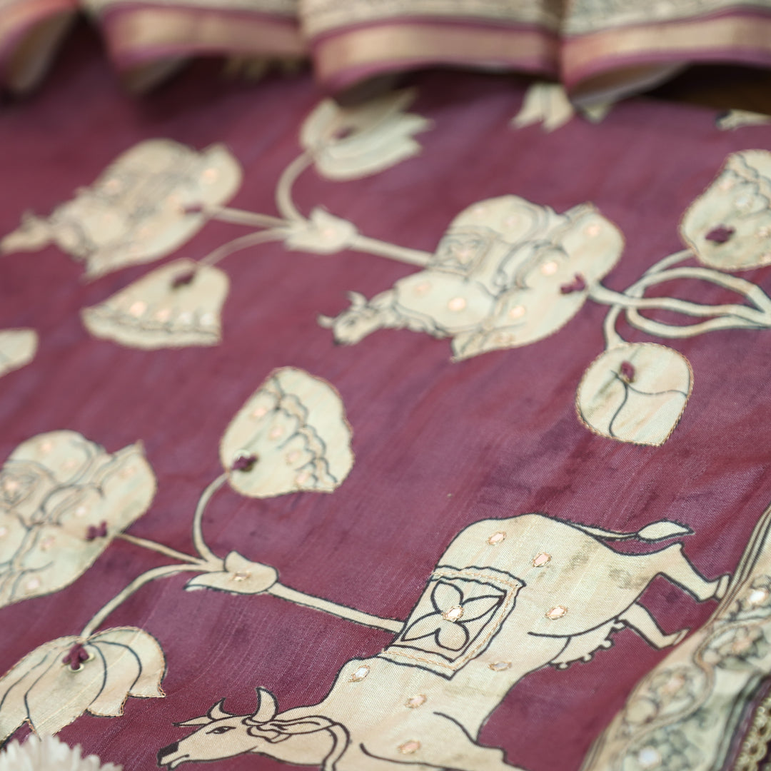 Saatvi Onion Purple Pichwai Print with Zari Patra Work Tussar Chanderi Silk Set