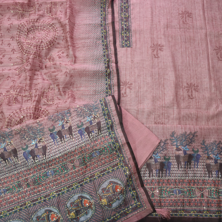 Ibadat Mauve Pink Digital Printed Kantha Work Chanderi Suit Set