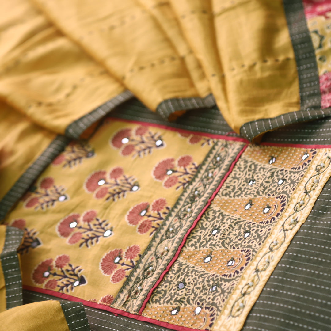 Maahi Forest Green Patch Neck Work with Kantha Cotton Suit Set
