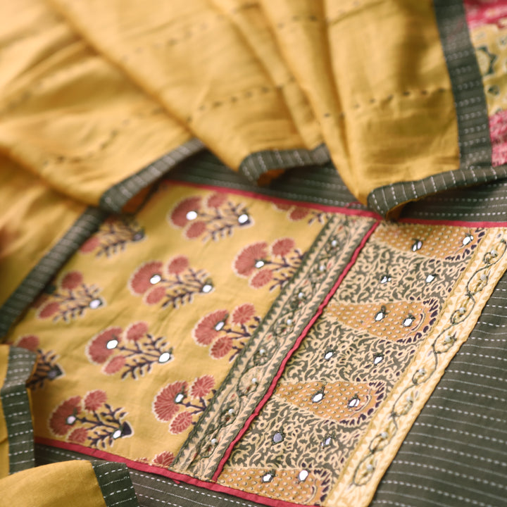 Maahi Forest Green Patch Neck Work with Kantha Cotton Suit Set