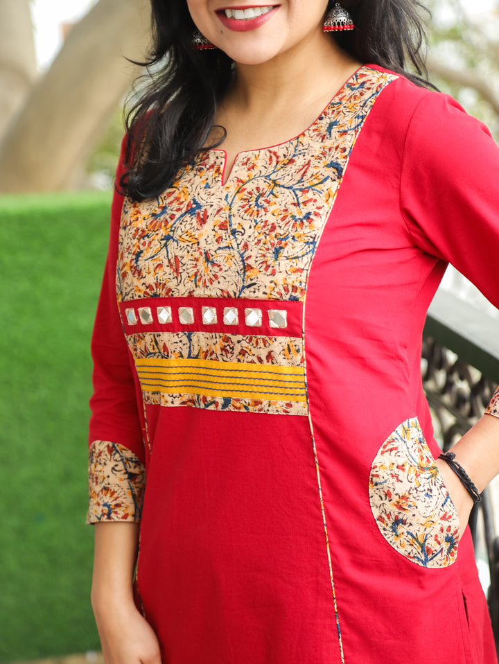 Kusum Bride Red Running Thread with Mirror Work Kalamakari Yoke Panel Cotton Kurti