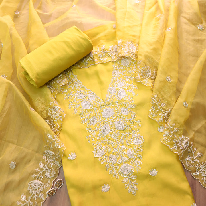 Hoor Bright Yellow Designer Embellish V Neckline Work Modal Suit Set