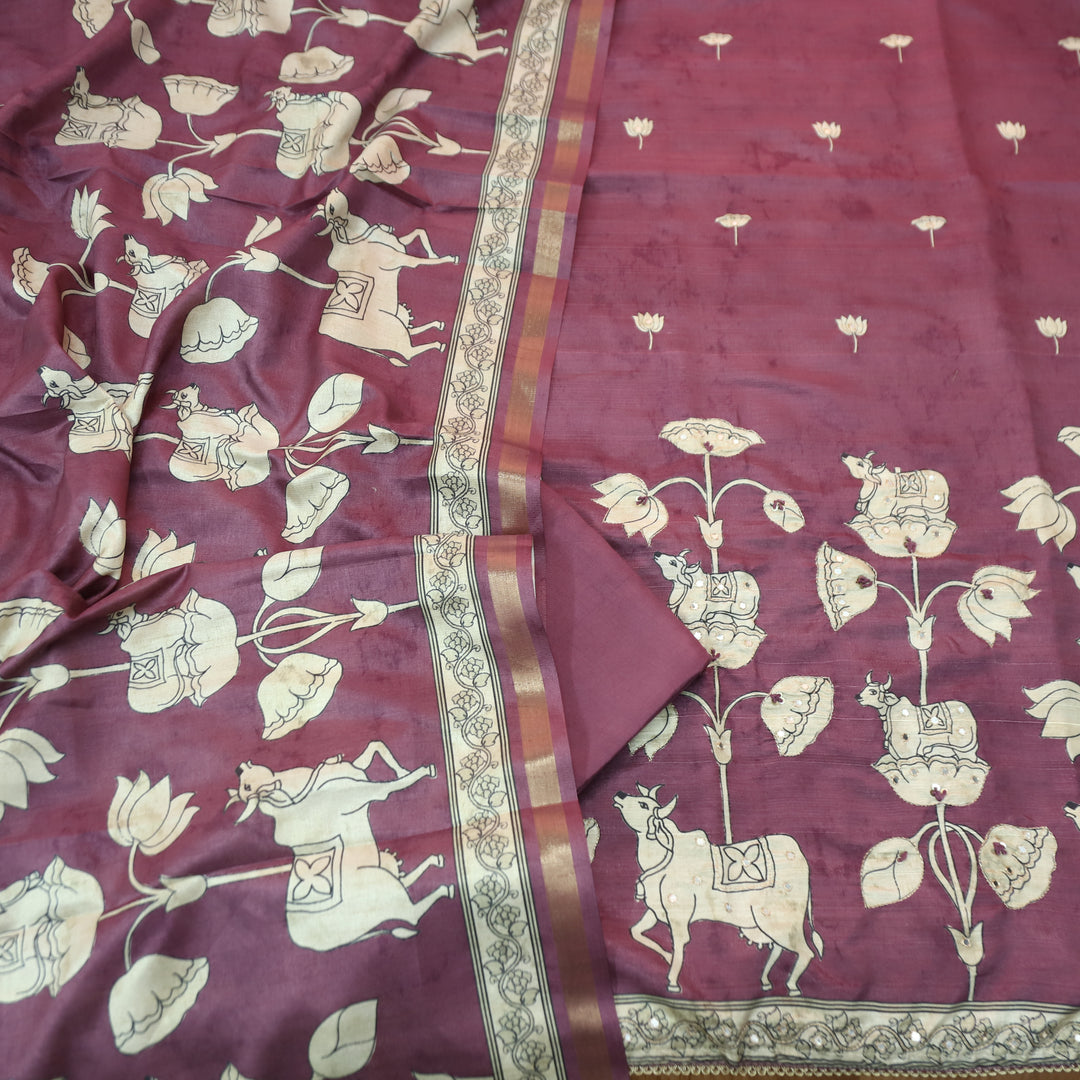Saatvi Onion Purple Pichwai Print with Zari Patra Work Tussar Chanderi Silk Set
