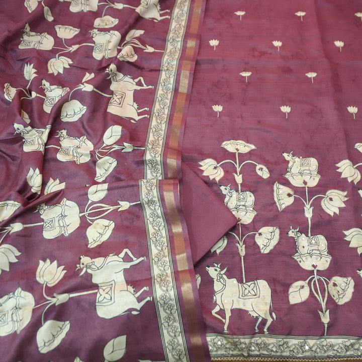 Saatvi Onion Purple Pichwai Print with Zari Patra Work Tussar Chanderi Silk Set