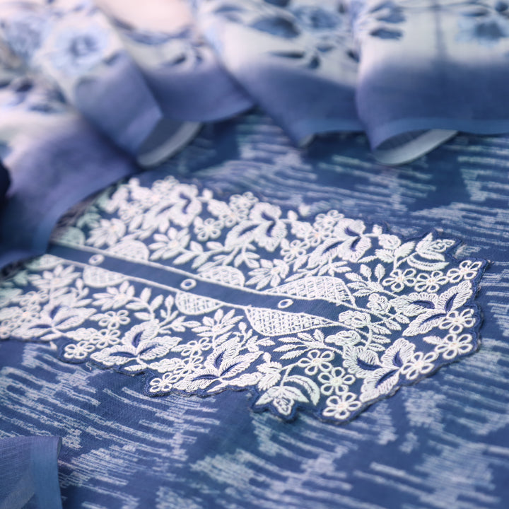 Bloom Navy Blue Thread Embroidered Self Printed Cotton Linen Set D2