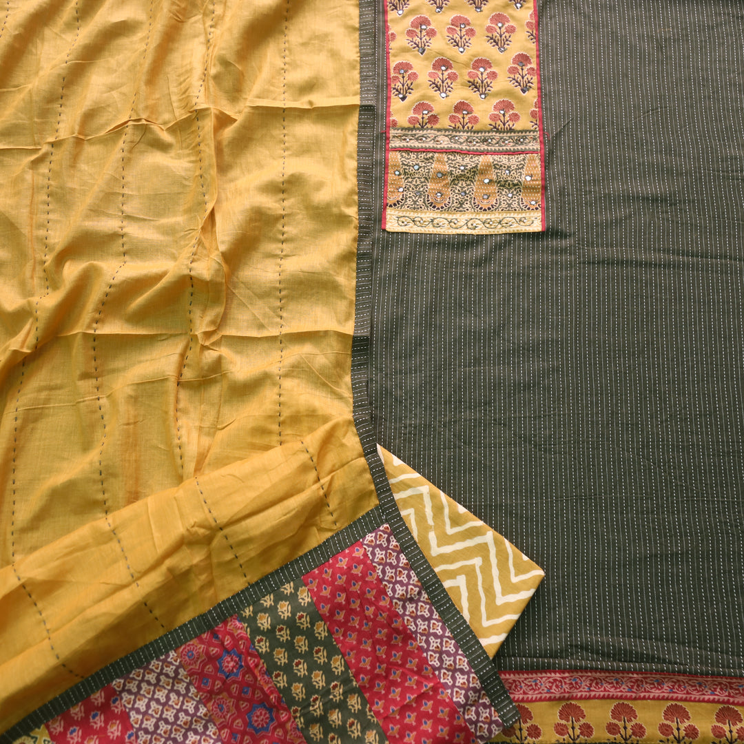 Maahi Forest Green Patch Neck Work with Kantha Cotton Suit Set