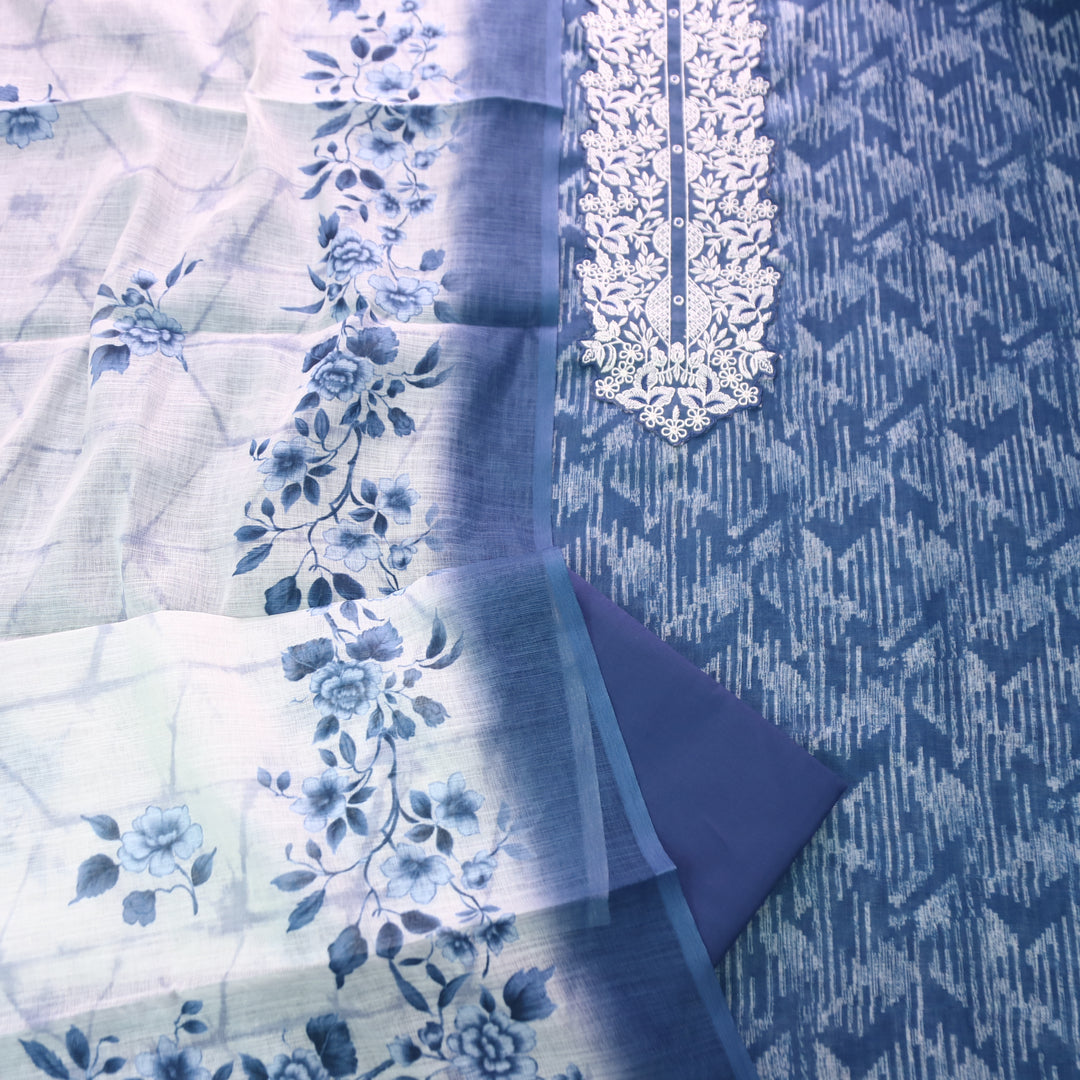 Bloom Navy Blue Thread Embroidered Self Printed Cotton Linen Set D2