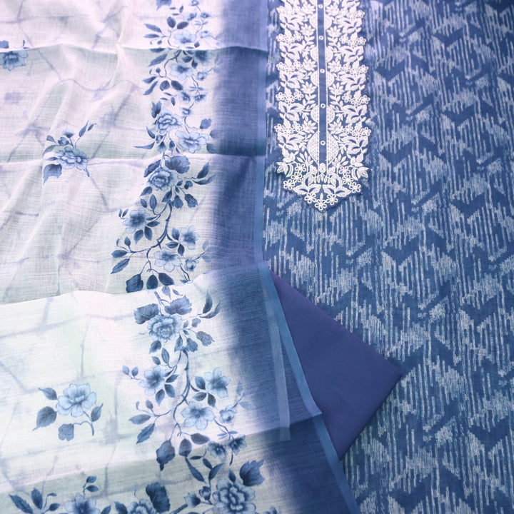 Bloom Navy Blue Thread Embroidered Self Printed Cotton Linen Set D2