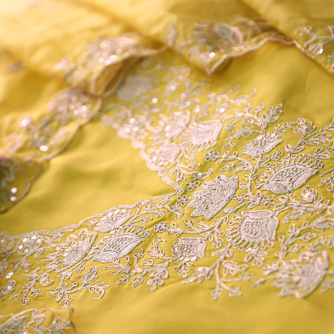 Hoor Bright Yellow Designer Embellish V Neckline Work Modal Suit Set