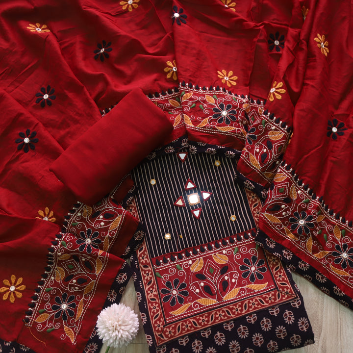 Hairat Coal Black Kutch Patch with Mirror Work Printed Cotton Suit Set