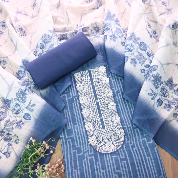 Bloom Navy Blue Thread Embroidered Self Printed Cotton Linen Set D1