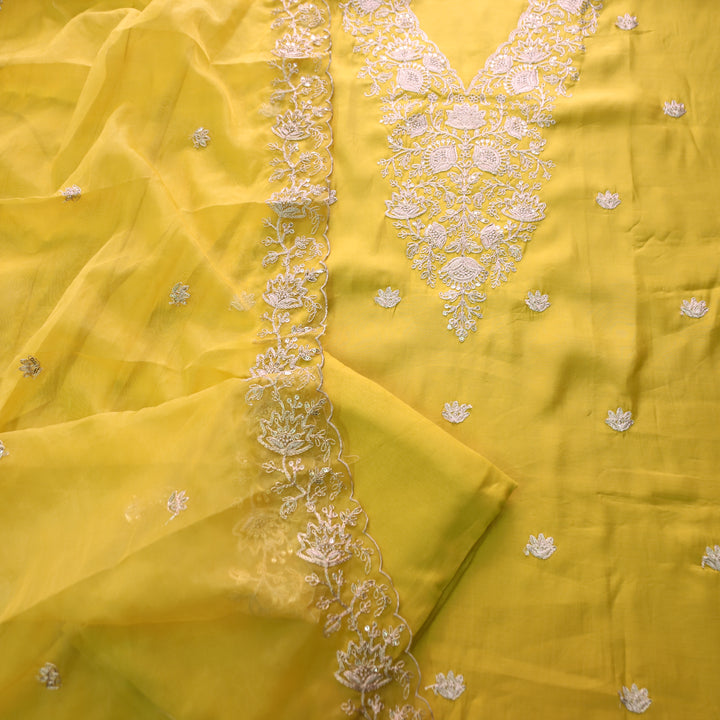 Hoor Bright Yellow Designer Embellish V Neckline Work Modal Suit Set