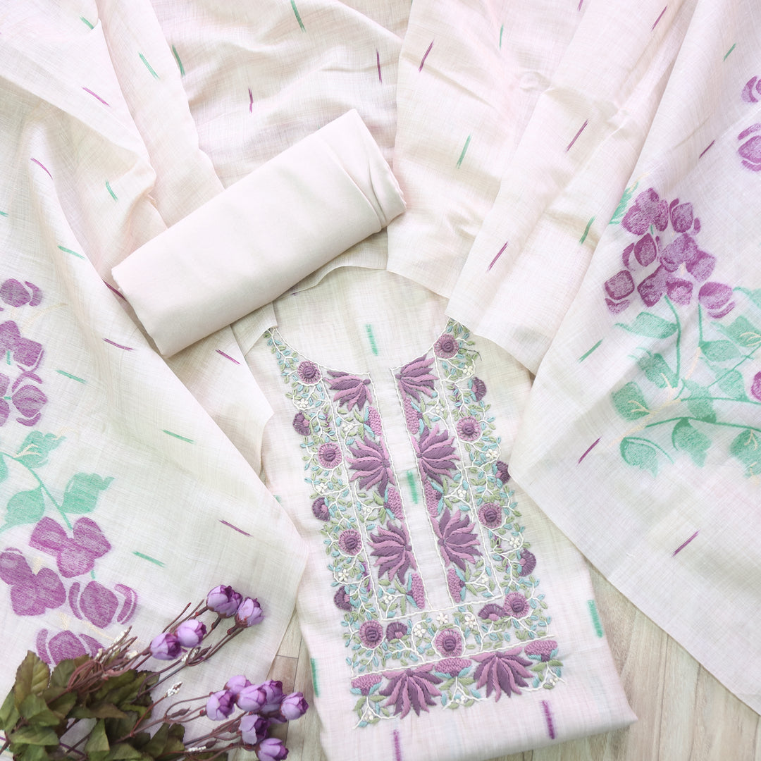 Jamdani Lavender Purple Thread Neck Work Jamdani Suit Set