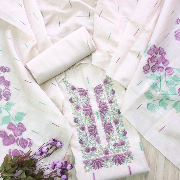 Jamdani Lavender Purple Thread Neck Work Jamdani Suit Set