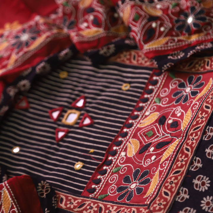 Hairat Coal Black Kutch Patch with Mirror Work Printed Cotton Suit Set