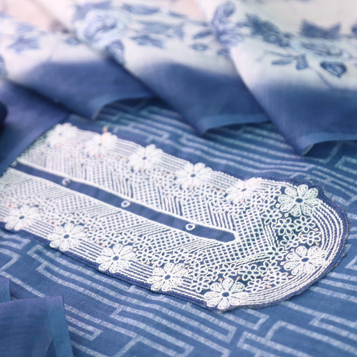 Bloom Navy Blue Thread Embroidered Self Printed Cotton Linen Set D1