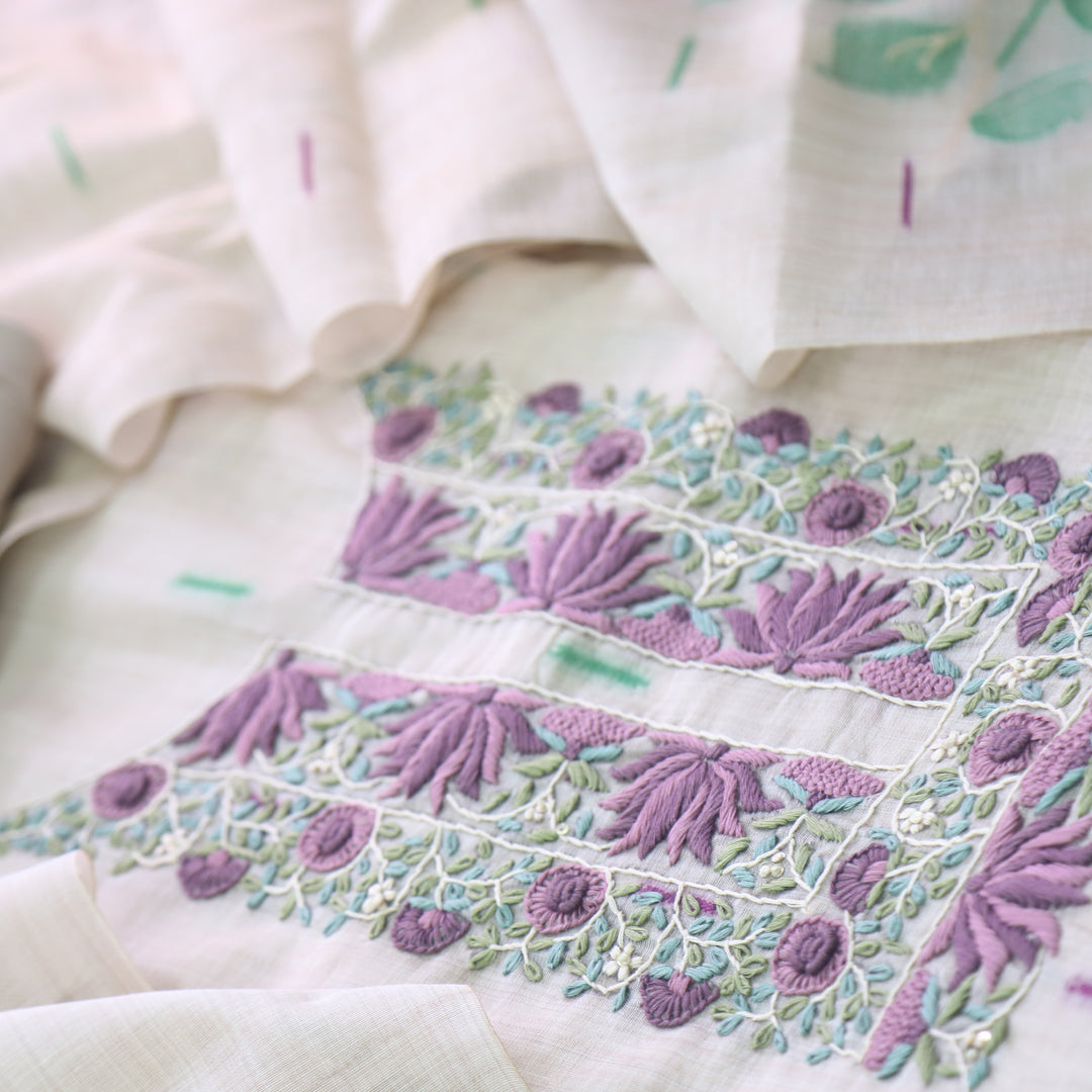 Jamdani Lavender Purple Thread Neck Work Jamdani Suit Set