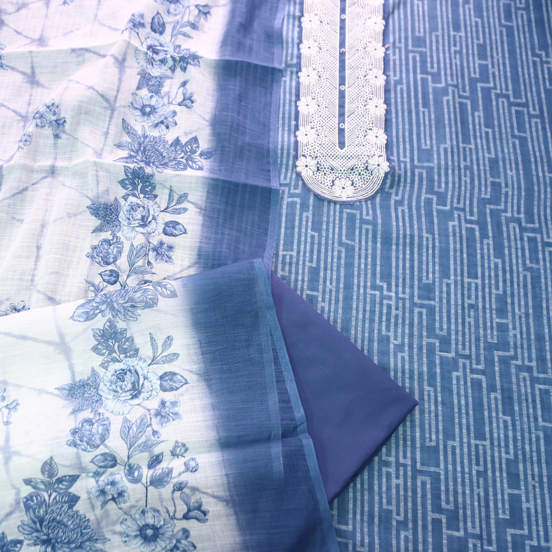 Bloom Navy Blue Thread Embroidered Self Printed Cotton Linen Set D1
