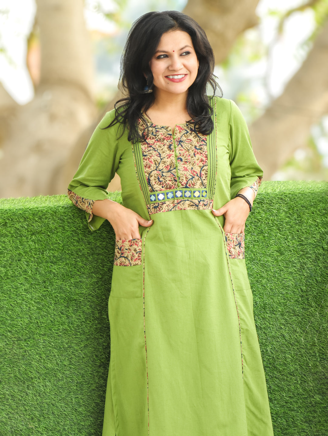 Vaishali Grass Green Potli Button with Mirror Kalamkari Yoke Panel Cotton Kurti