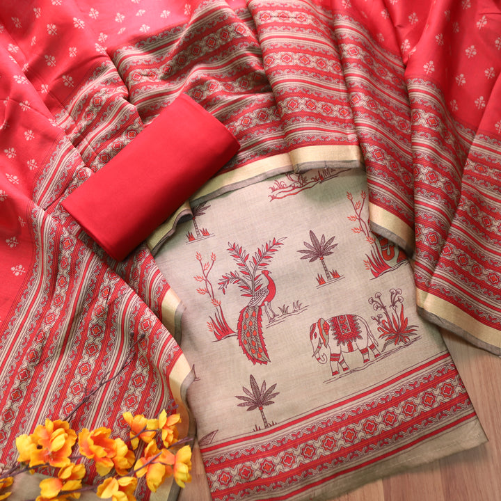 Kumari Chrome Beige Bird and Gajj Print Maheshwari Chanderi Set