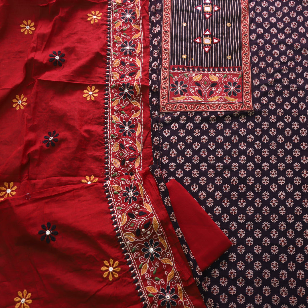 Hairat Coal Black Kutch Patch with Mirror Work Printed Cotton Suit Set