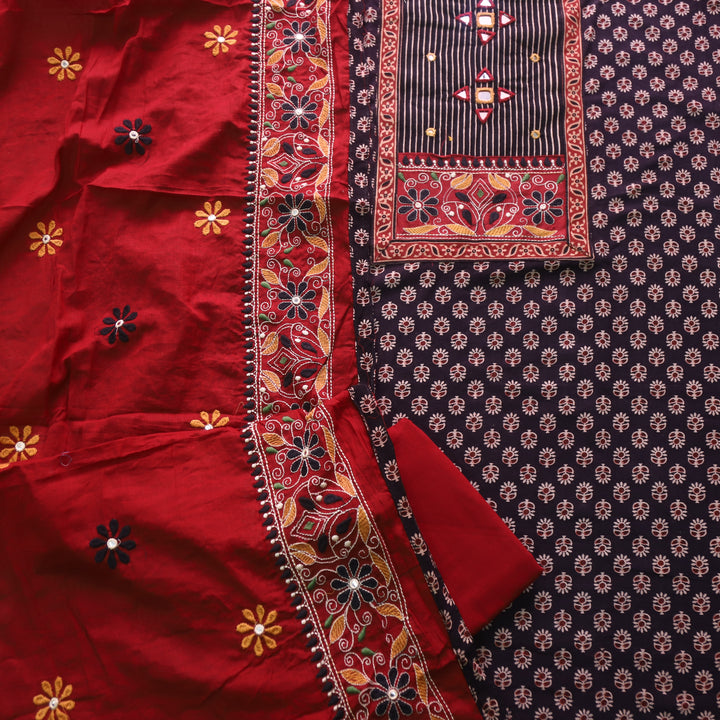 Hairat Coal Black Kutch Patch with Mirror Work Printed Cotton Suit Set