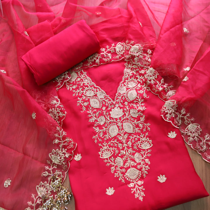 Hoor Bright Pink Designer Embellish V Neckline Work Modal Suit Set