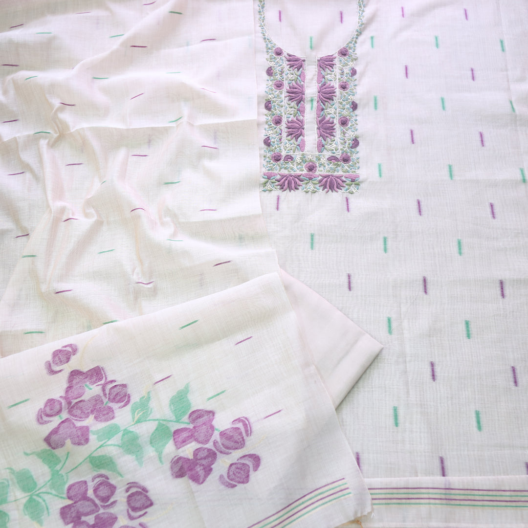 Jamdani Lavender Purple Thread Neck Work Jamdani Suit Set