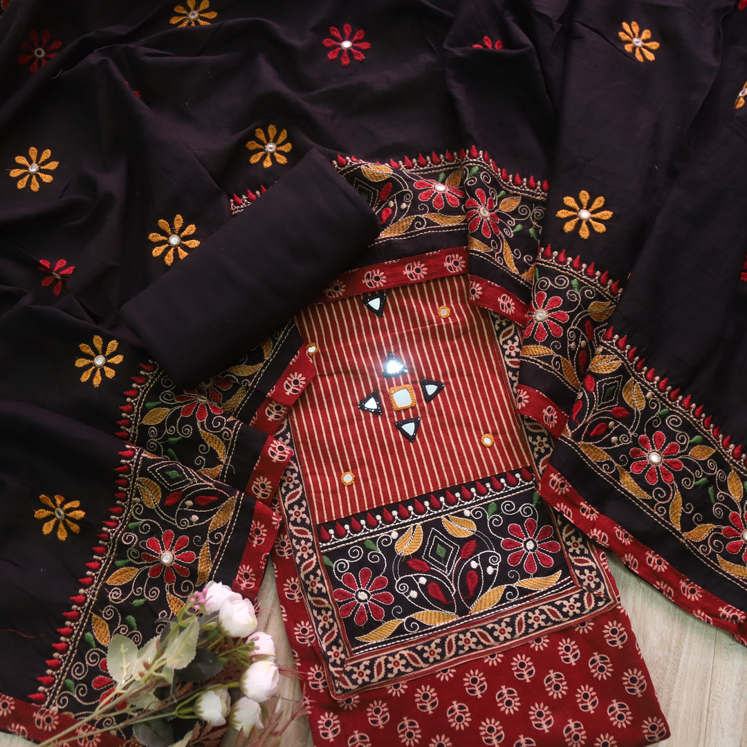 Hairat Blood Red Kutch Patch with Mirror Work Printed Cotton Suit Set