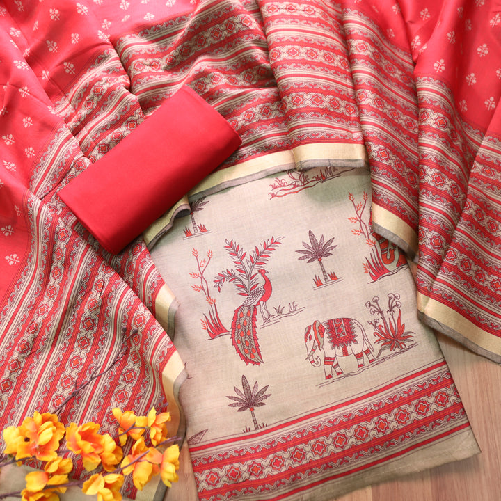 Kumari Chrome Beige Bird and Gajj Print Maheshwari Chanderi Set