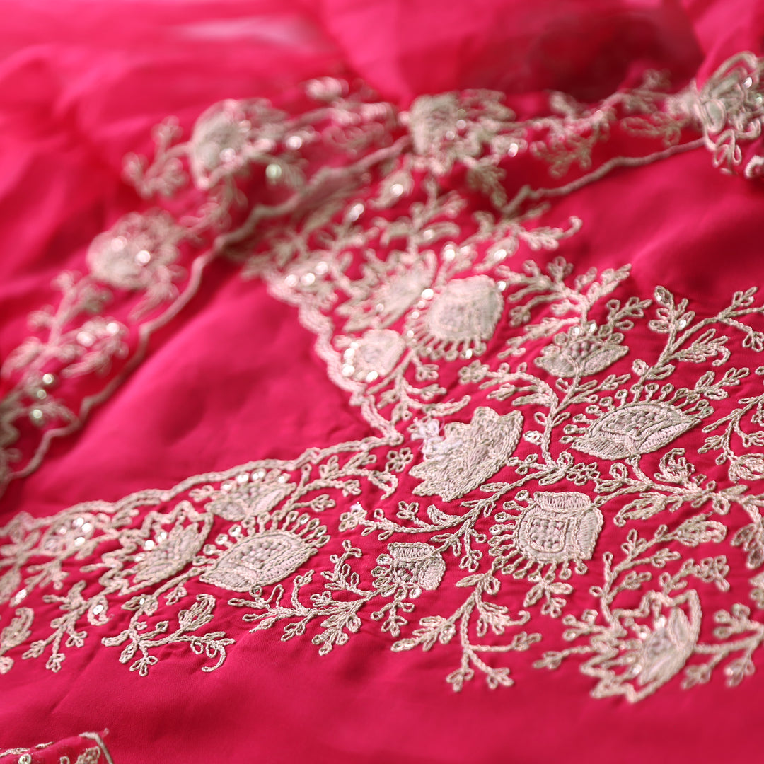 Hoor Bright Pink Designer Embellish V Neckline Work Modal Suit Set