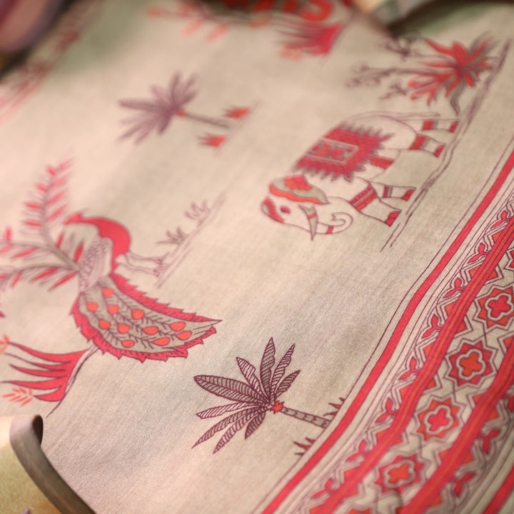 Kumari Chrome Beige Bird and Gajj Print Maheshwari Chanderi Set