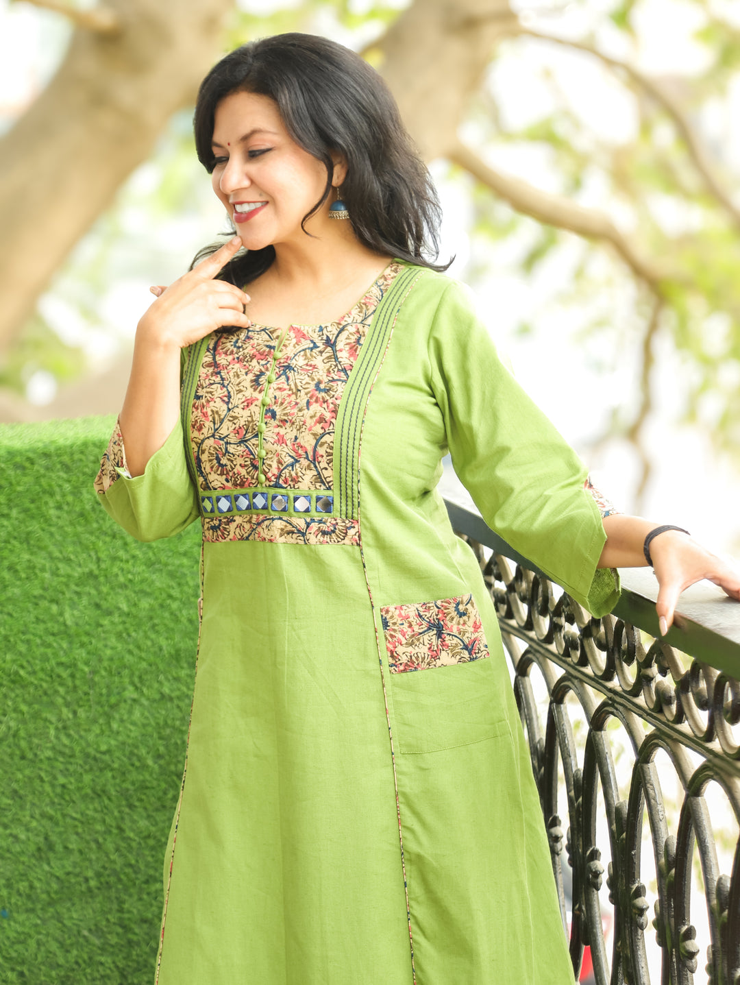 Vaishali Grass Green Potli Button with Mirror Kalamkari Yoke Panel Cotton Kurti